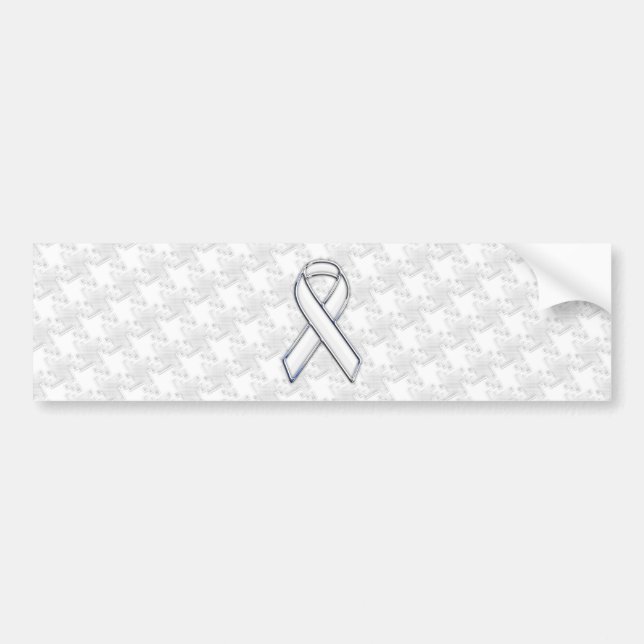 White Ribbon Awareness on Houndstooth Print Bumper Sticker (Front)