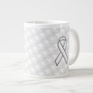 White Ribbon Awareness on Houndstooth Print Large Coffee Mug