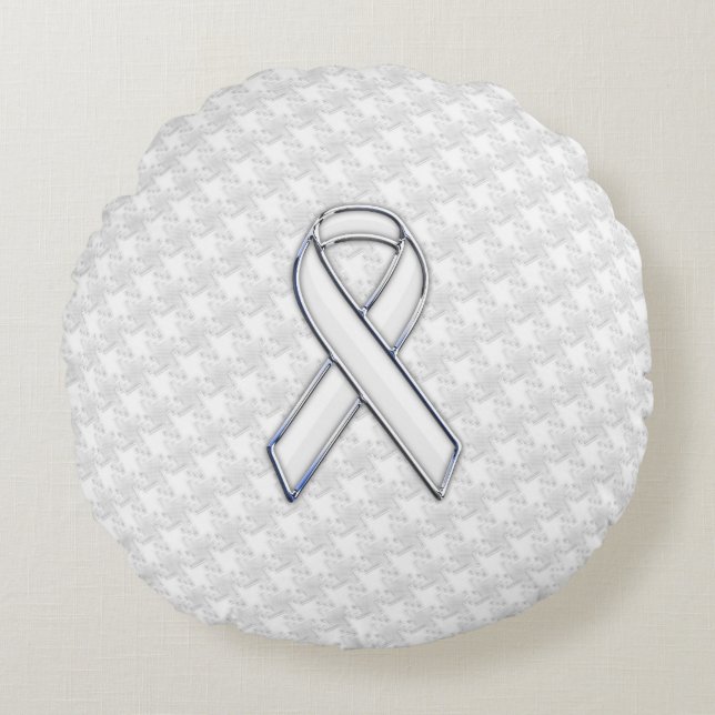 White Ribbon Awareness on Houndstooth Print Round Cushion (Front)