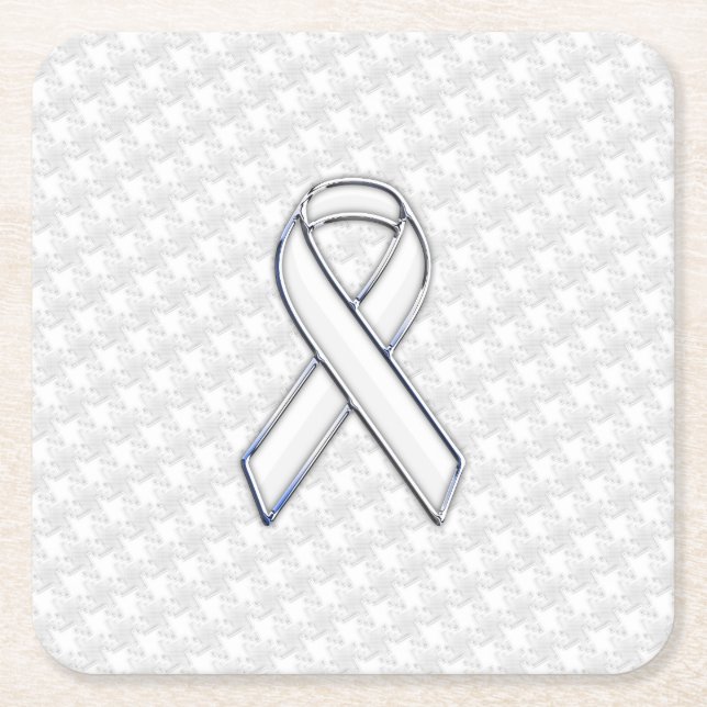White Ribbon Awareness on Houndstooth Print Square Paper Coaster (Front)