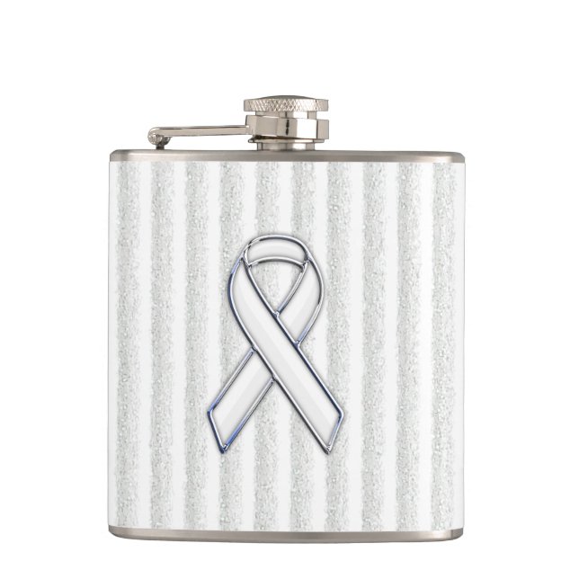White Ribbon Awareness on Vertical Stripes Hip Flask (Front)