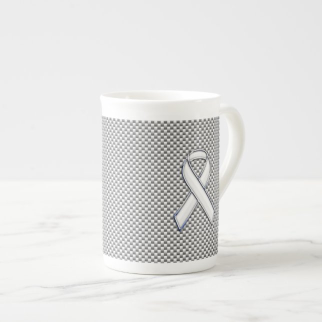 White Ribbon Awareness White Carbon Fibre Print Bone China Mug (Front Right)