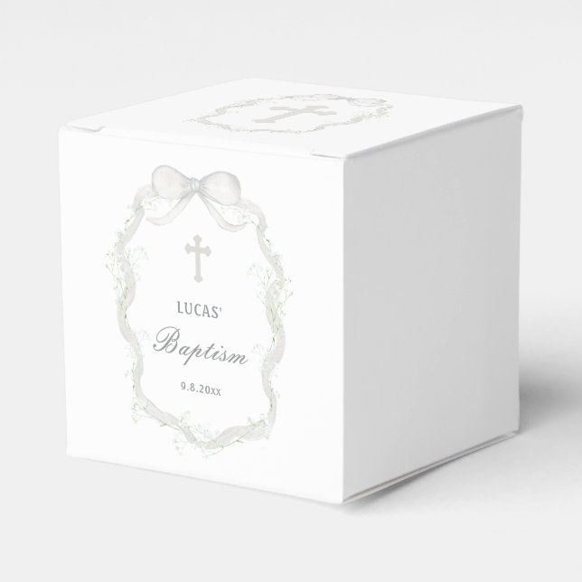 White Ribbon Baby's Breath Baptism Cube Favour Box (Front Side)