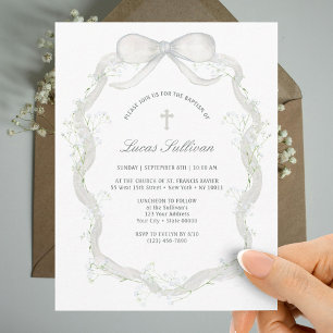 White Ribbon Baby's Breath Baptism Invitation