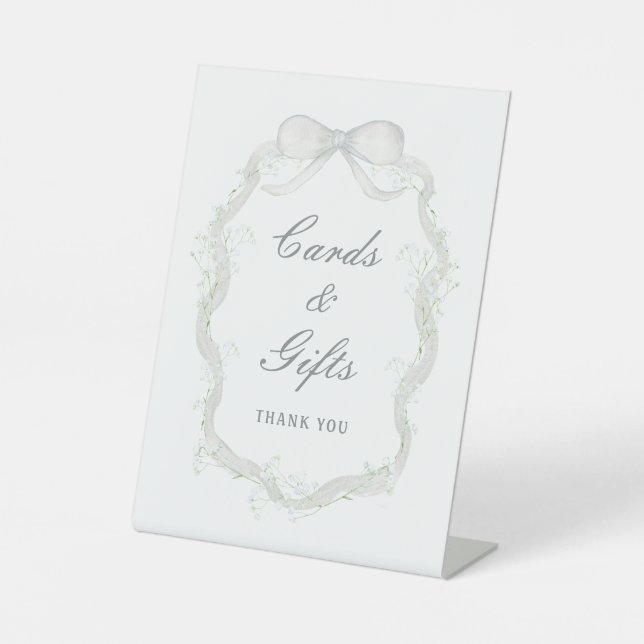 White Ribbon Baby's Breath Cards & Gifts Pedestal Sign (Front)
