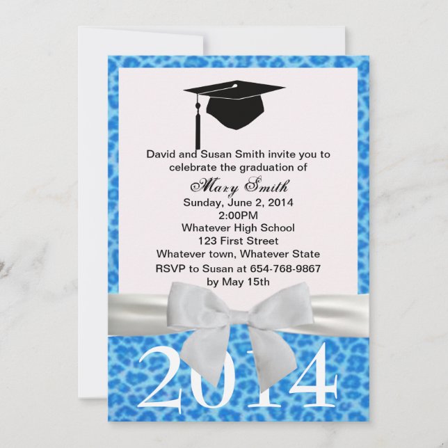 White Ribbon Blue Leopard Graduation Invitation (Front)