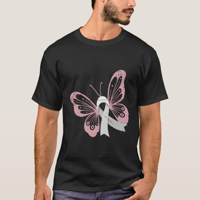 White Ribbon Butterfly Cancer Survivor Lung Cancer T-Shirt (Front)