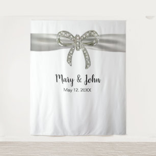White Ribbon Diamond Bow Wedding Backdrop Tapestry
