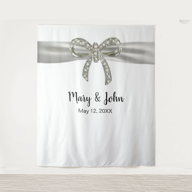 White Ribbon Diamond Bow Wedding Backdrop Tapestry (Front)