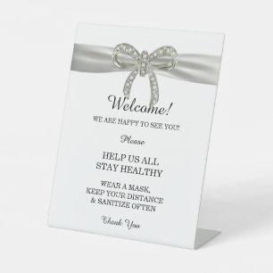 White Ribbon Diamond Bow Wedding Safety Pedestal Sign