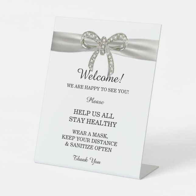 White Ribbon Diamond Bow Wedding Safety  Pedestal Sign (Front)