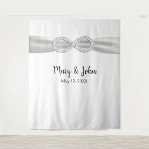 White Ribbon Diamond Infinity Wedding Backdrop Tapestry