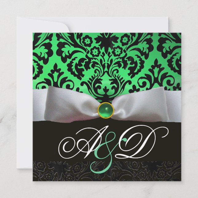 WHITE RIBBON EMERALD GREEN BLACK  DAMASK MONOGRAM INVITATION (Front)