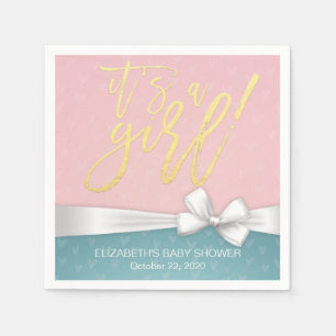 White Ribbon Gold Script Blue Pink Baby Shower Napkin