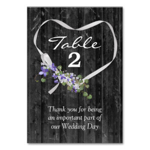 White Ribbon Heart On Barn Wood Table Number