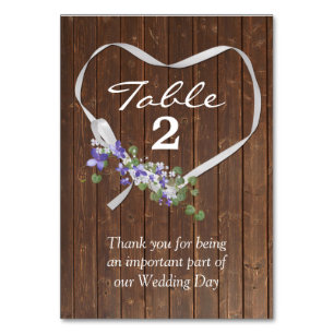 White Ribbon Heart On Barn Wood Table Number