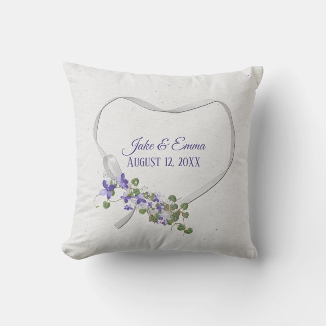 White Ribbon Heart with Wedding Date Throw Pillow (Front)