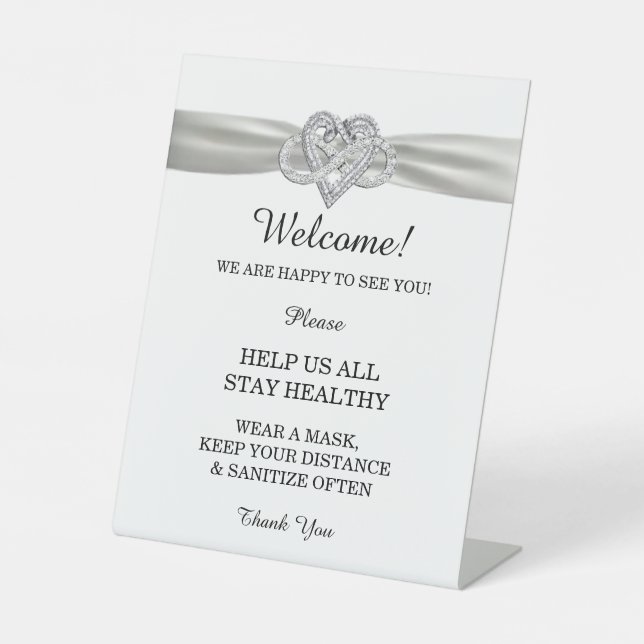White Ribbon Infinity Heart Wedding Safety  Pedestal Sign (Front)