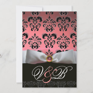 WHITE RIBBON PINK  BLACK DAMASK MONOGRAM INVITATION
