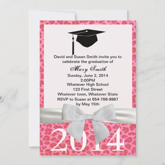 White Ribbon Pink Leopard Graduation Invitation (Front)