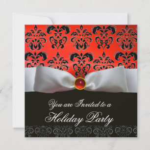 WHITE RIBBON RED BLACK  DAMASK HOLIDAY PARTY INVITATION
