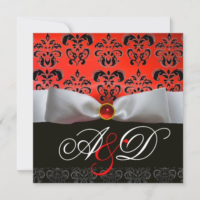 WHITE RIBBON RED BLACK  DAMASK MONOGRAM Ruby Invitation (Front)