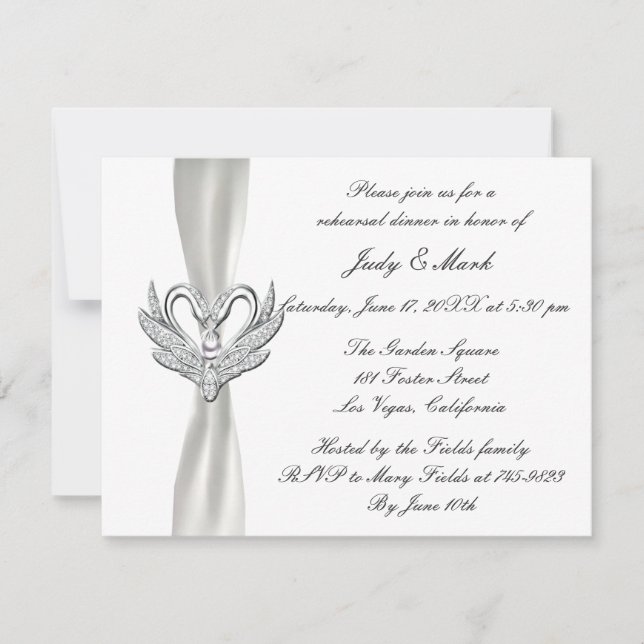 White Ribbon Silver Swans Rehearsal Dinner Invite (Front)