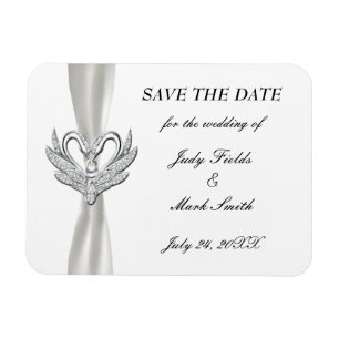 White Ribbon Silver Swans Save The Date Magnet