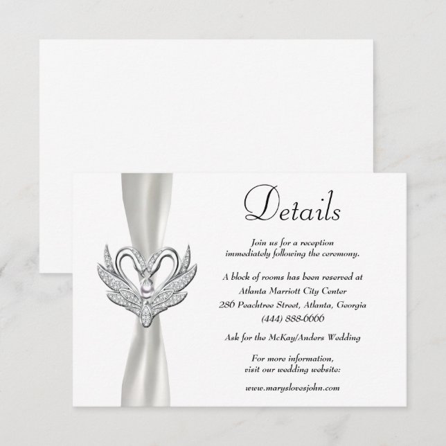 White Ribbon Silver Swans Wedding Details Enclosure Card (Front/Back)