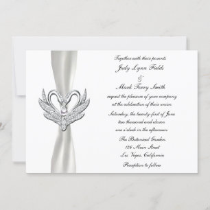 White Ribbon Silver Swans With A Pearl Invitation