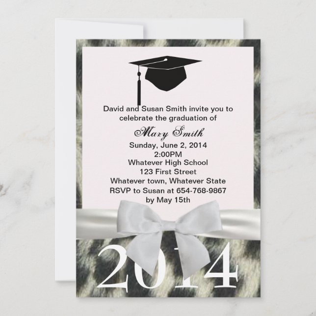 White Ribbon Snow Leopard Graduation Invitation (Front)