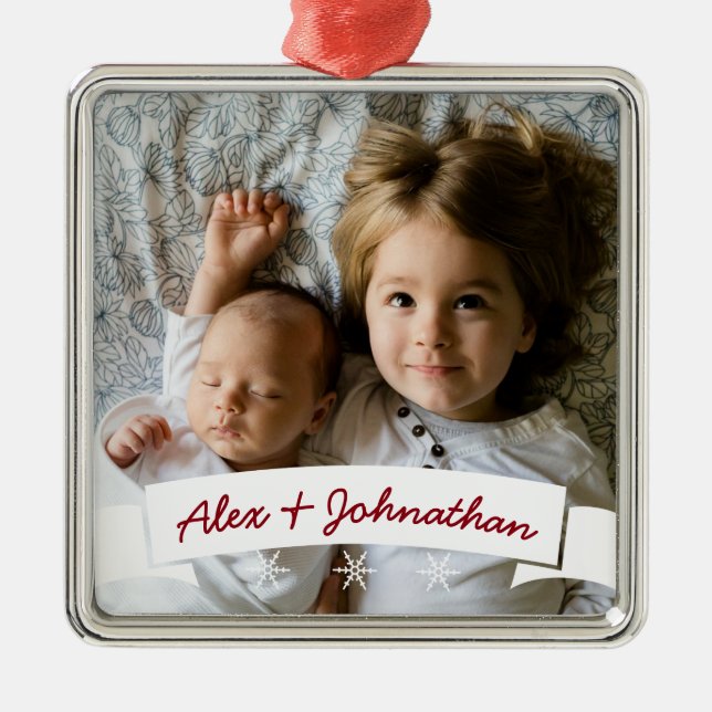White Ribbon Snowflakes Custom Name Family Photo Metal Ornament (Front)