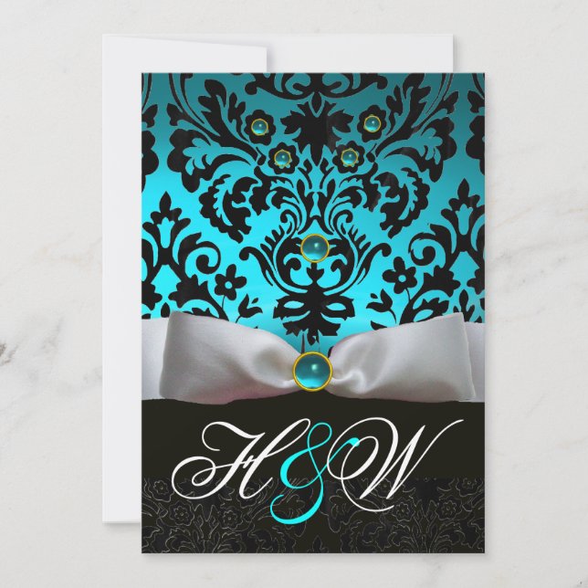 WHITE RIBBON TEAL AQUA BLUE BLACK DAMASK MONOGRAM INVITATION (Front)