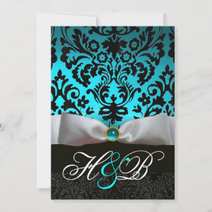 WHITE RIBBON TEAL AQUA BLUE BLACK DAMASK MONOGRAM INVITATION