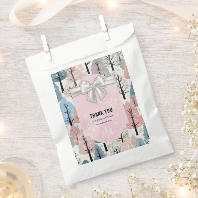 White Ribbon Winter Forest Snowflakes Baby Shower Favour Bag (Clipped)