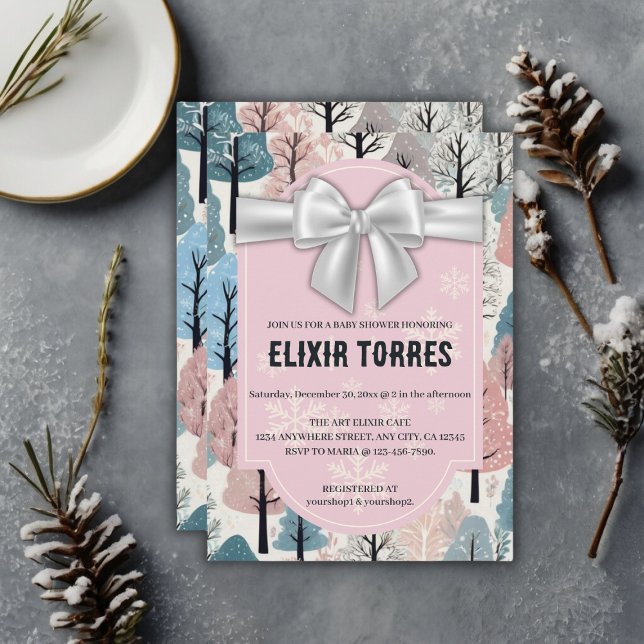 White Ribbon Winter Forest Snowflakes Baby Shower Invitation (Creator Uploaded)