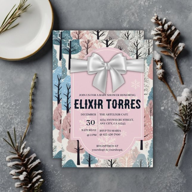 White Ribbon Winter Forest Snowflakes Baby Shower Invitation (Creator Uploaded)
