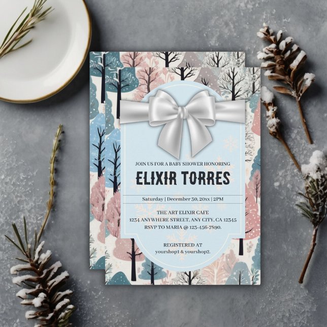 White Ribbon Winter Forest Snowflakes Baby Shower Invitation (Creator Uploaded)