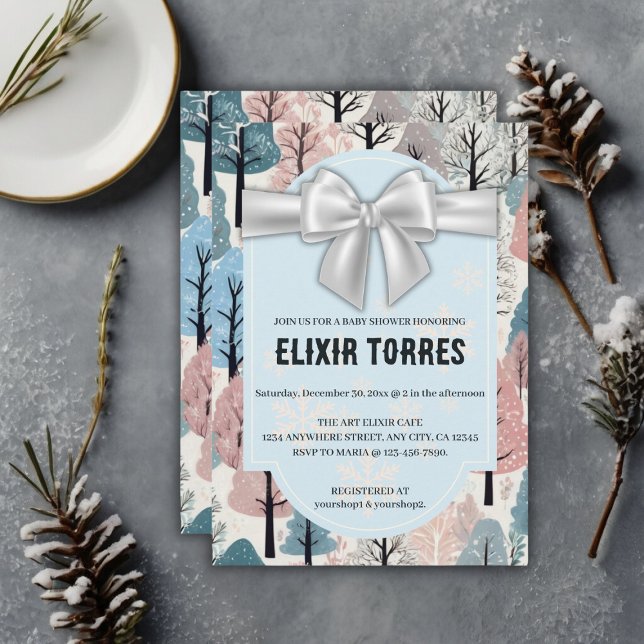 White Ribbon Winter Forest Snowflakes Baby Shower Invitation (Creator Uploaded)