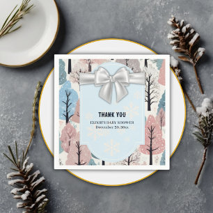 White Ribbon Winter Forest Snowflakes Baby Shower Napkin