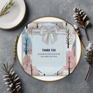 White Ribbon Winter Forest Snowflakes Baby Shower Paper Plate