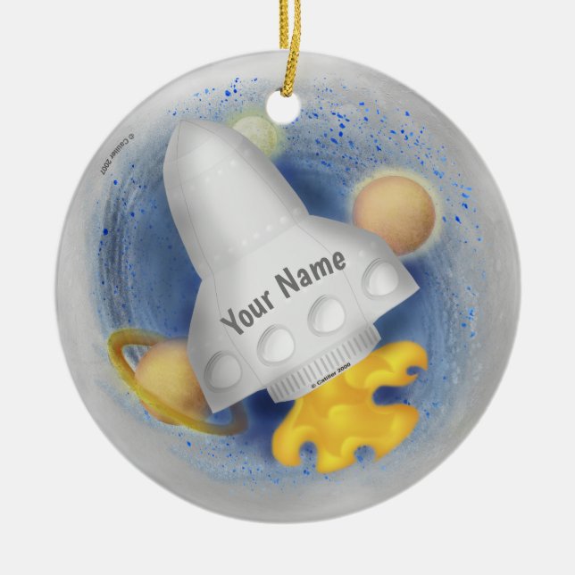 White Rocketship Ceramic Ornament (Front)