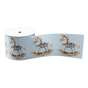 White Rocking Horse Blue Checkered Saddle Grosgrain Ribbon