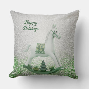 White Rocking Horse Green Christmas Holiday Cushion