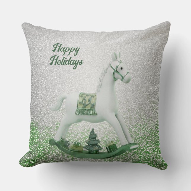 White Rocking Horse Green Christmas Holiday Cushion (Front)