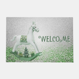 White Rocking Horse Green Christmas Holiday Doormat