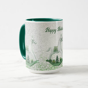 White Rocking Horse Green Christmas Holiday Mug