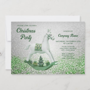 White Rocking Horse Green Christmas Holiday Party Invitation
