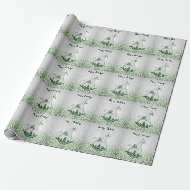White Rocking Horse Green Christmas Holiday Wrapping Paper (Unrolled)