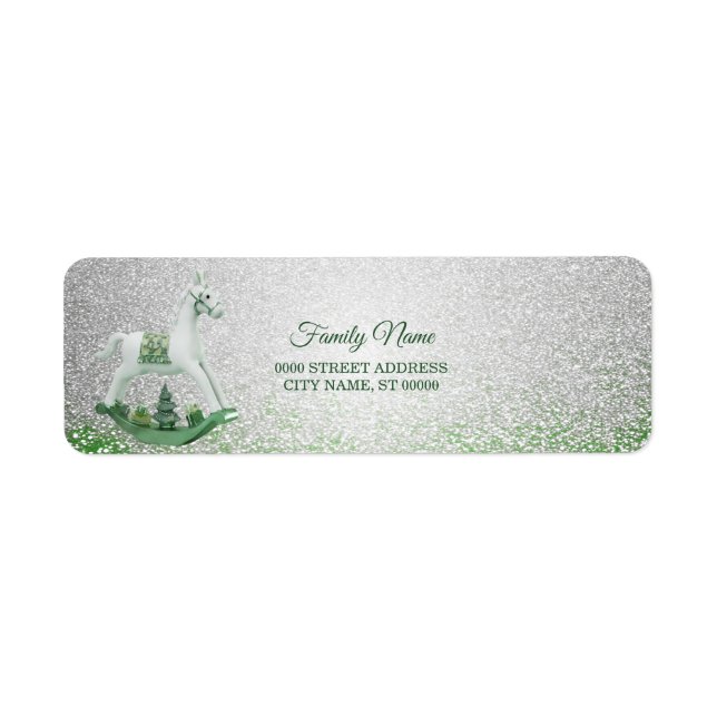 White Rocking Horse Green Christmas Return Address Label (Front)
